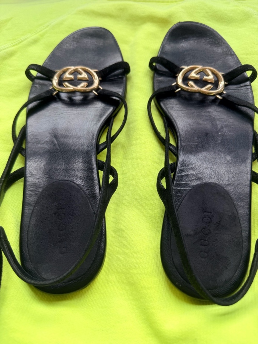Gucci Black Leather Strappy Sandals with Gold Double G Logo